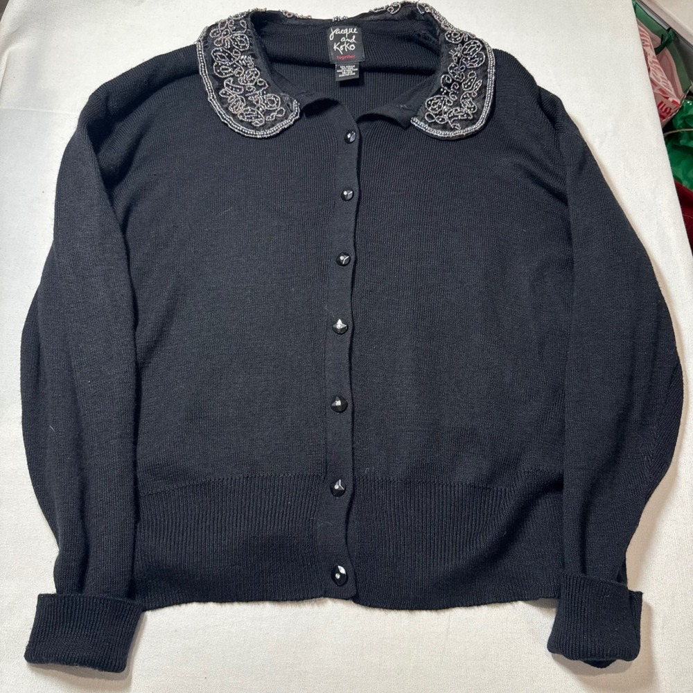 Jacque‎ and Koko Wool Silk Black Beaded Peter Pan Collar Cardigan Sweater 18/20